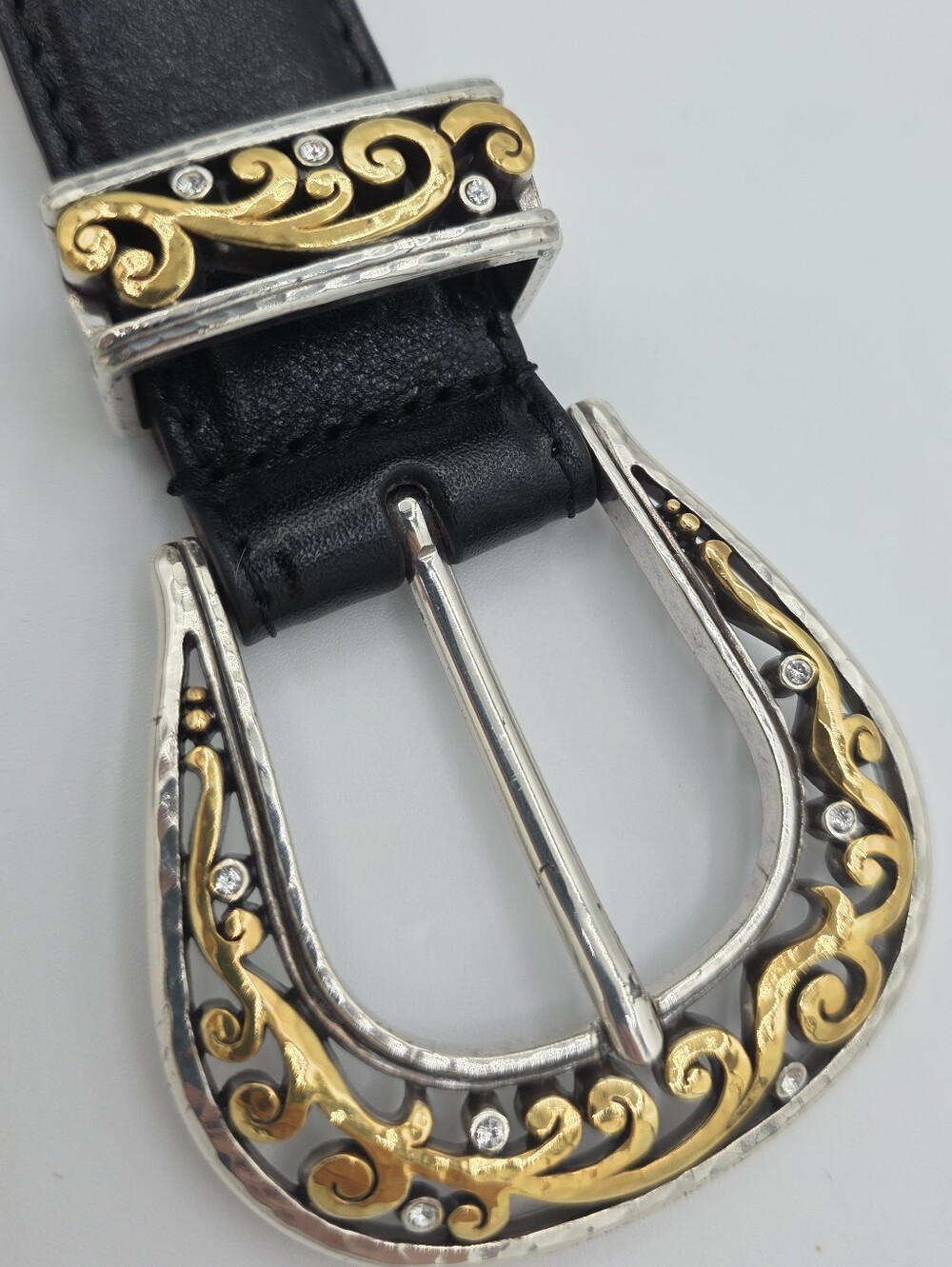 Brighton B60293 Black Leather Belt Retired Two Tone Scroll Buckle Size 38 - Picture 5 of 11